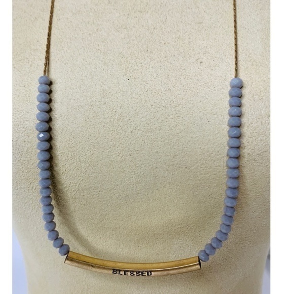 Canvas Blessed Bar & Gray Glass Bead Necklace
